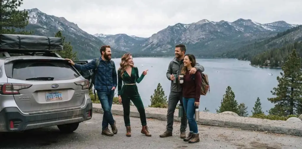 Friends enjoying a scenic roadside stop