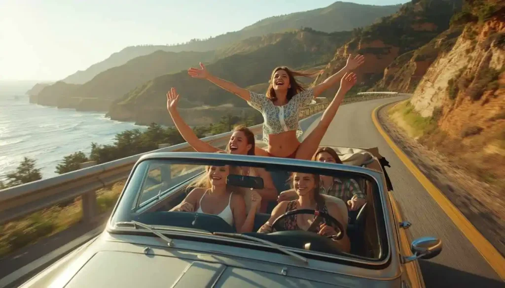 Friends enjoying a scenic summer road trip