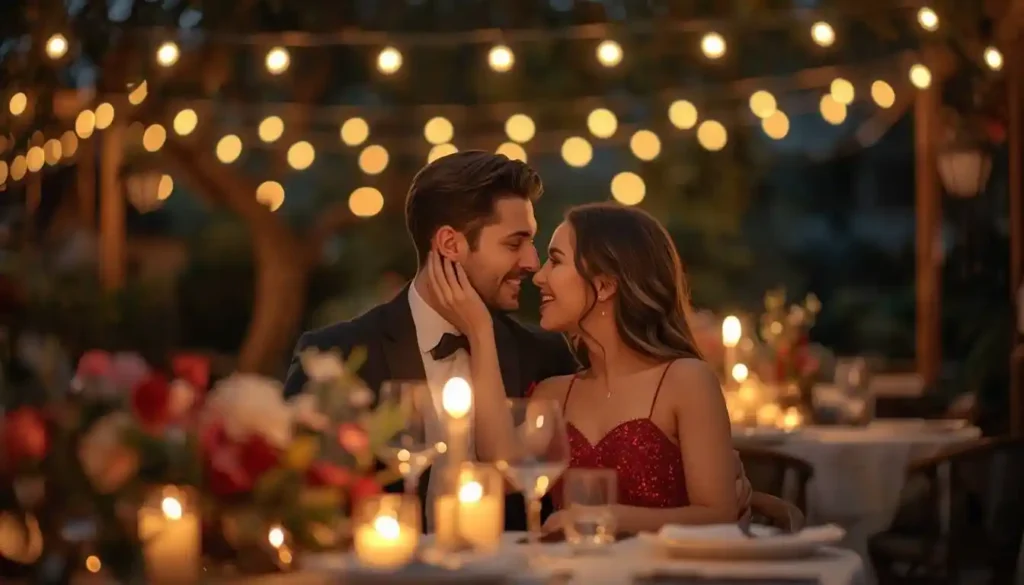 Couple embracing beneath sunset lights