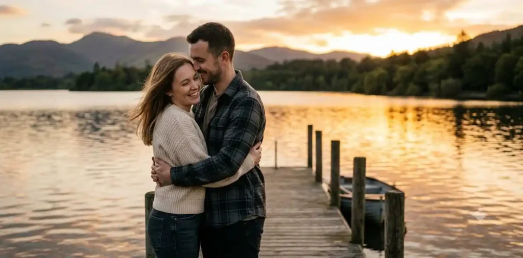 Couple embracing during sunset by the lake
