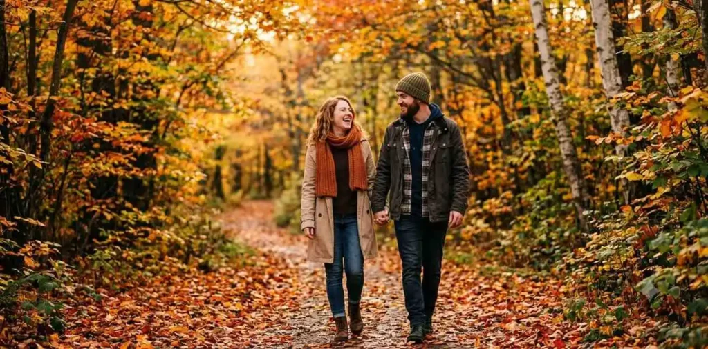 Couple walking beneath colorful autumn trees