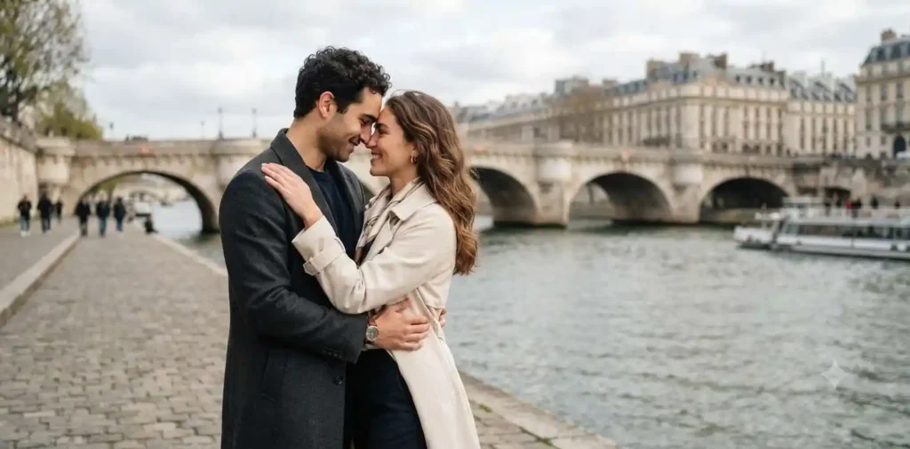 Couple embracing beside the Seine River