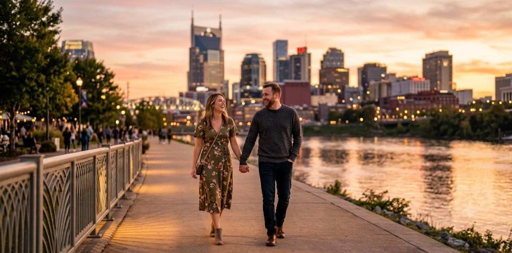 Couple walking beside Nashville riverfront at sunset.