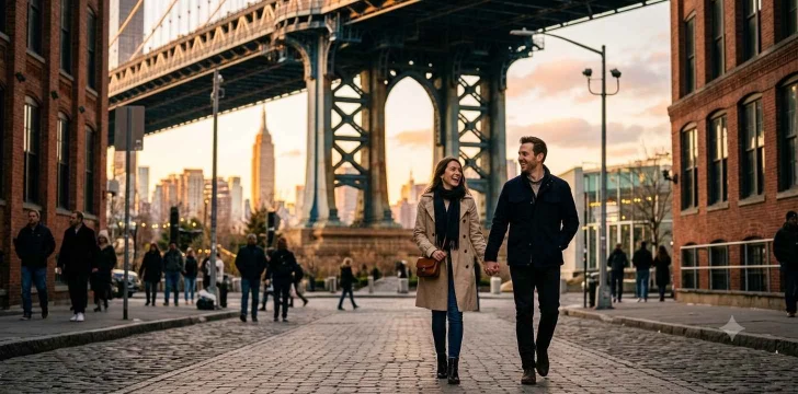 Couple holding hands beneath Manhattan Bridge.