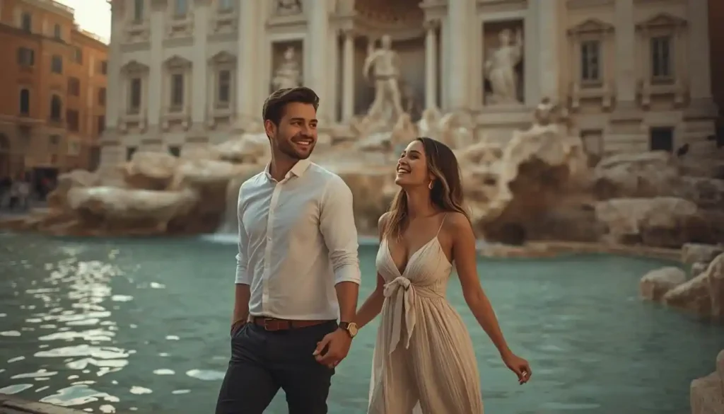 Couple walking near the Trevi Fountain at sunset