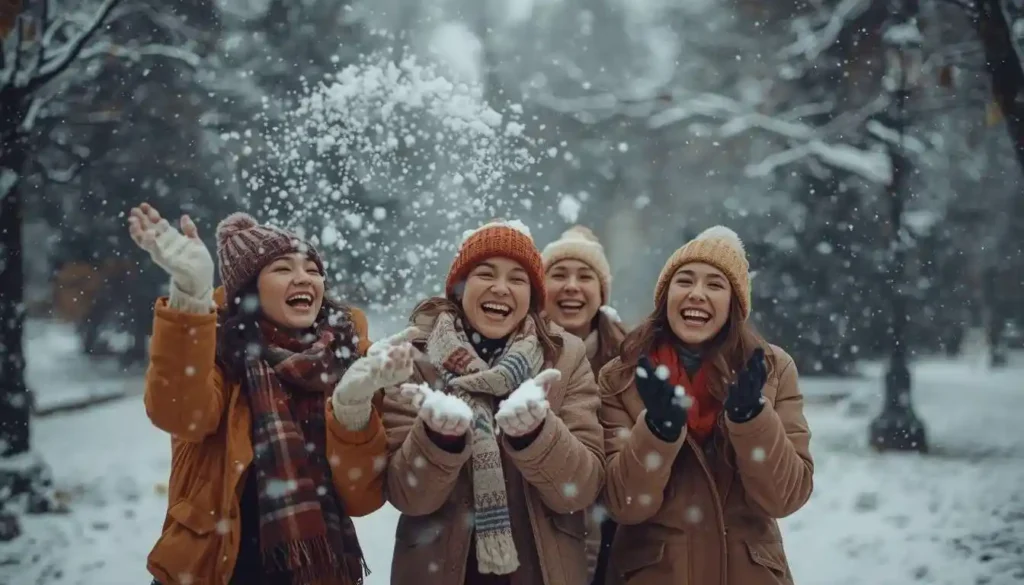 Friends enjoying fresh snowfall together