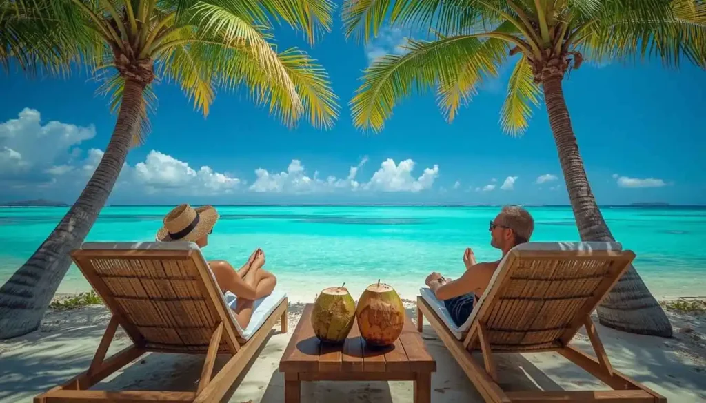 Friends relaxing beside a tropical beach