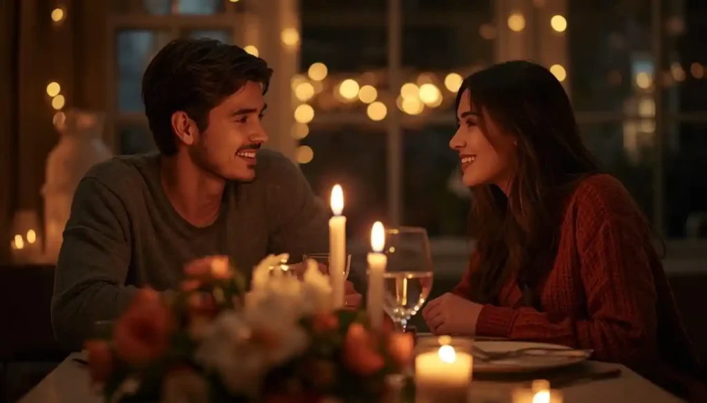 Couple smiling during a romantic candlelit dinner