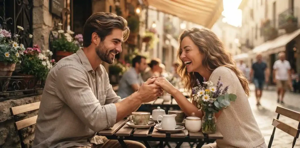 Couple sharing coffee at cozy café