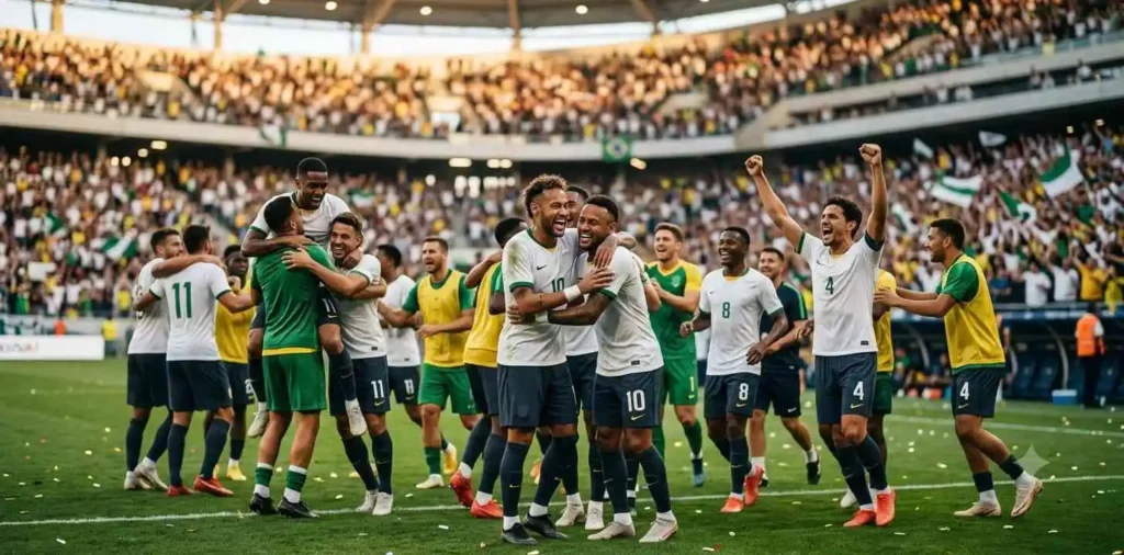 Football team celebrating a victory together