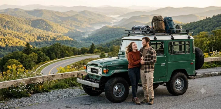 Friends enjoying a scenic Tennessee mountain road trip.