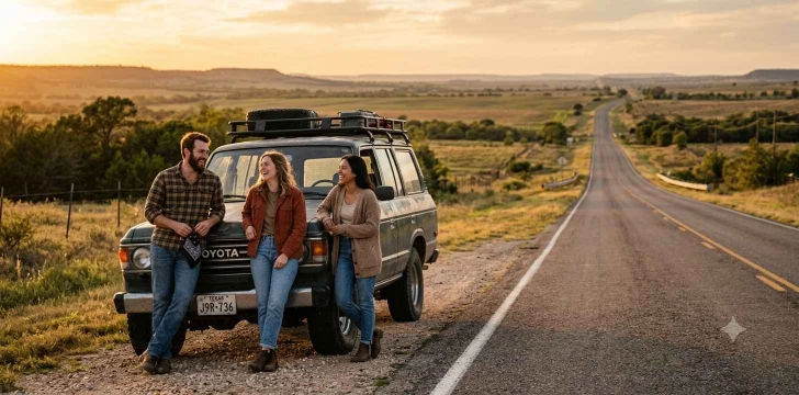 Friends enjoying a scenic Texas highway adventure.