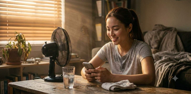 Woman writing captions on phone in hot room