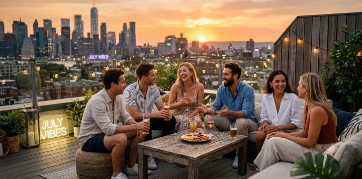 Friends enjoying a summer rooftop sunset