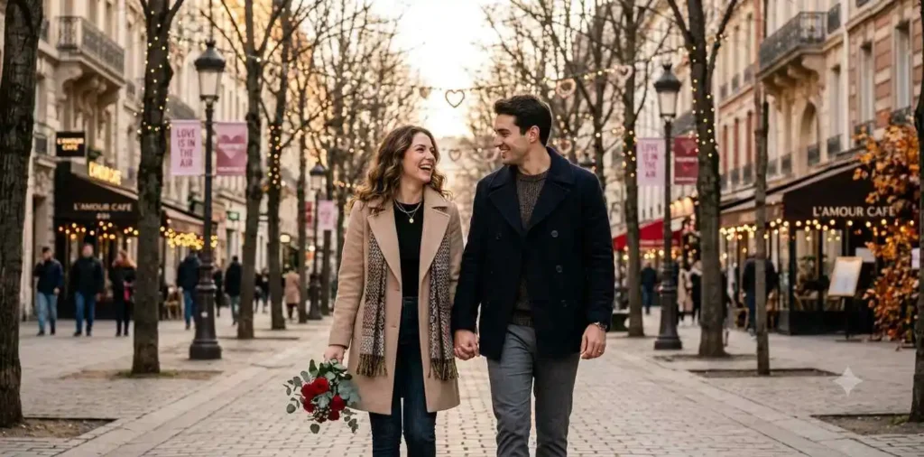 Couple holding hands during a sunset walk