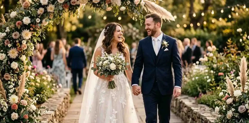 Newlyweds smiling after wedding ceremony outdoors