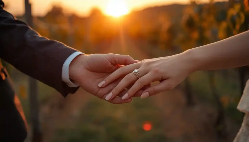 Newlyweds showing wedding rings together