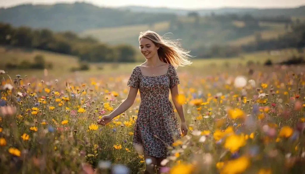 Woman walking through a colorful wildflower meadow