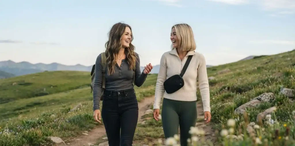 Friends exploring mountain trail together