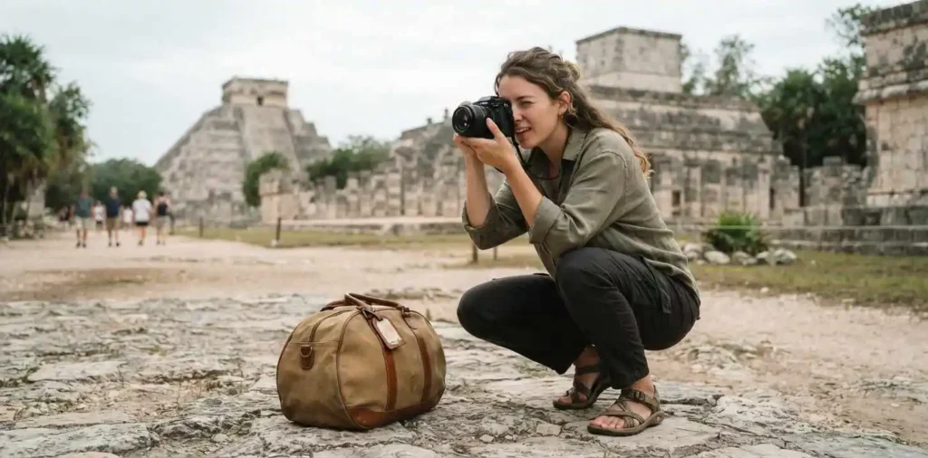 Traveler photographing ancient Chichén Itzá ruins