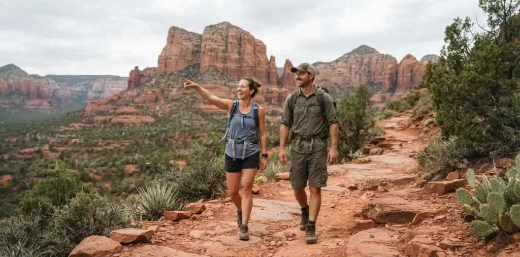 Travelers hiking through red rock scenery