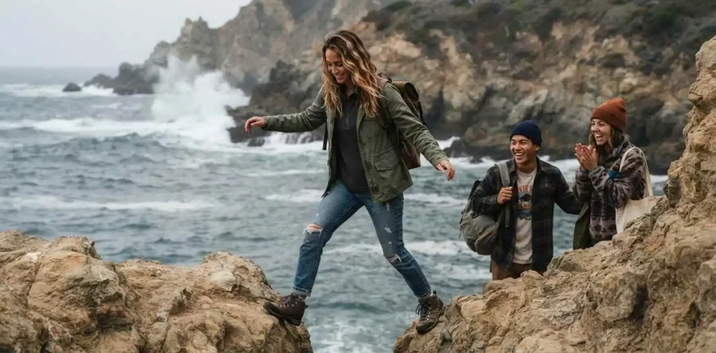 Friends exploring a rugged California coastline