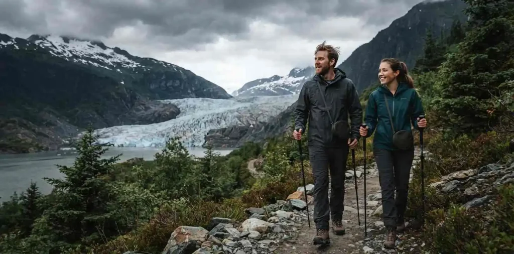 Traveler hiking near Mendenhall Glacier