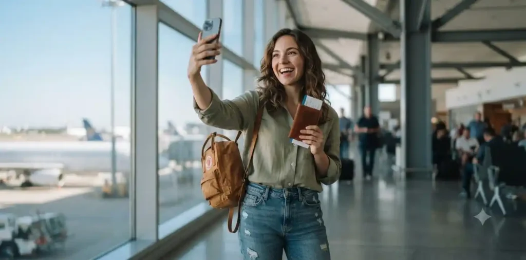 Traveler taking selfie at airport