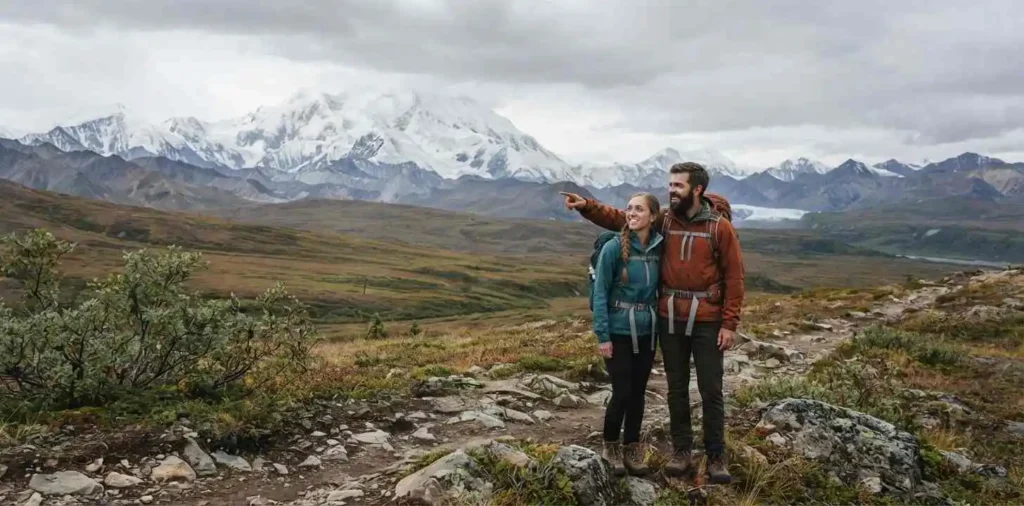 Travelers exploring Denali mountain landscape