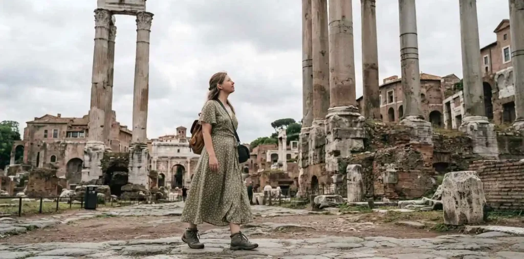 Traveler standing beside Roman columns