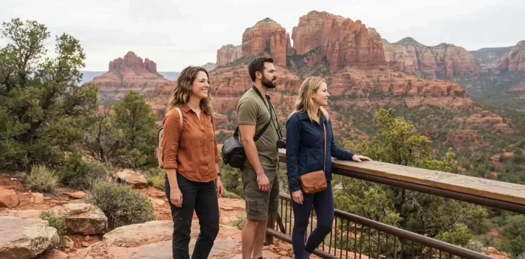 Travelers admiring Arizona red rock formations