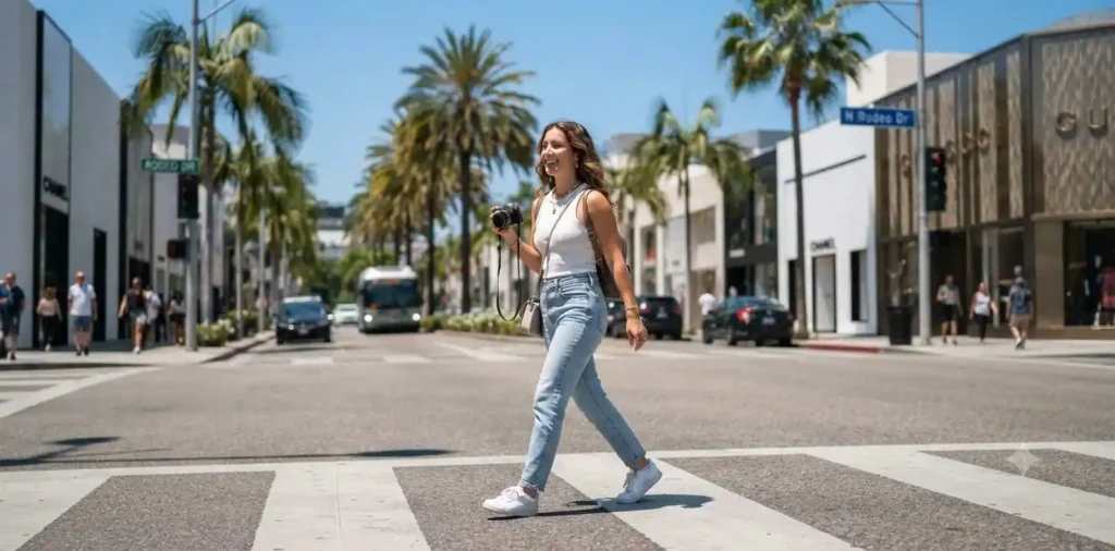 Traveler exploring a palm-lined Los Angeles street