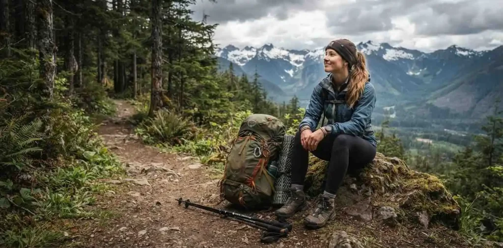 Backpackers resting beside a forest trail
