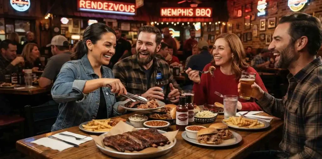 Friends enjoying Memphis barbecue together