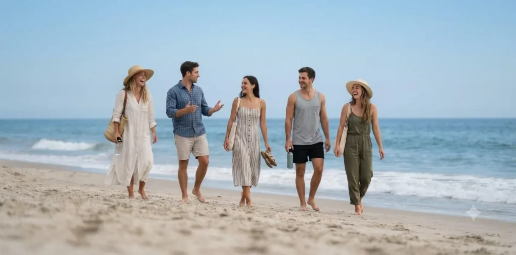 Friends walking beside blue ocean beach