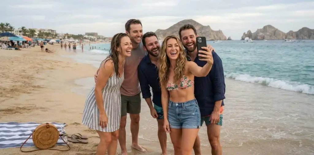 Friends taking a beach selfie at Medano Beach