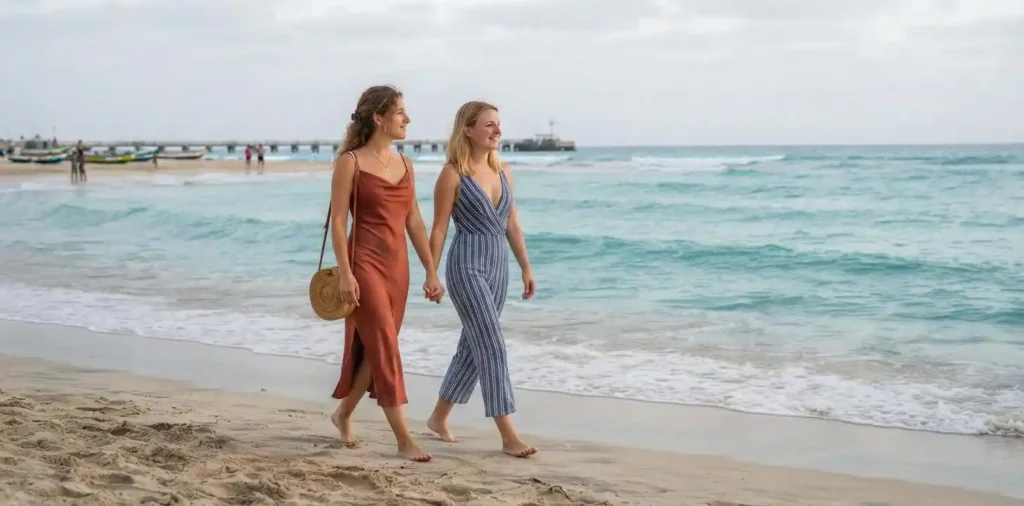 Travelers walking along Santa Maria beach