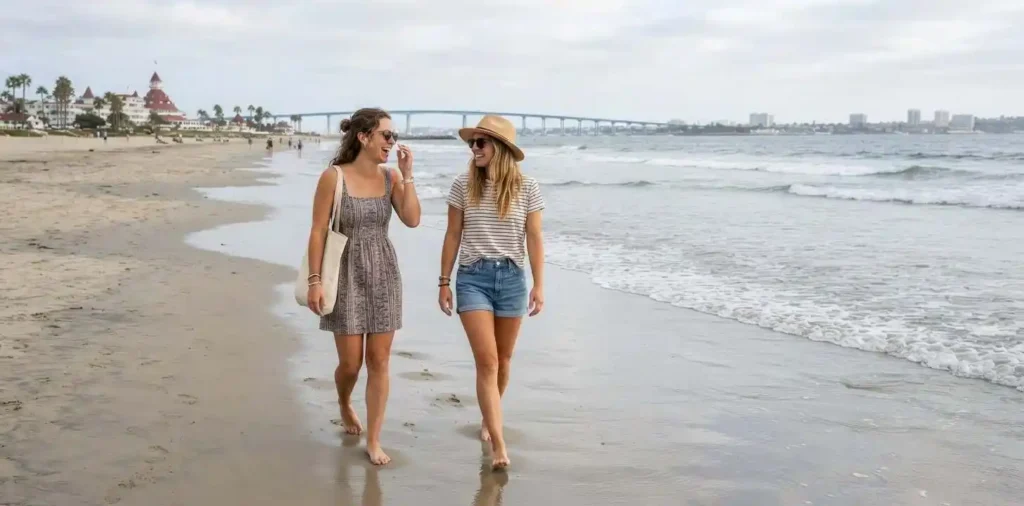 Friends walking along a peaceful Coronado beach