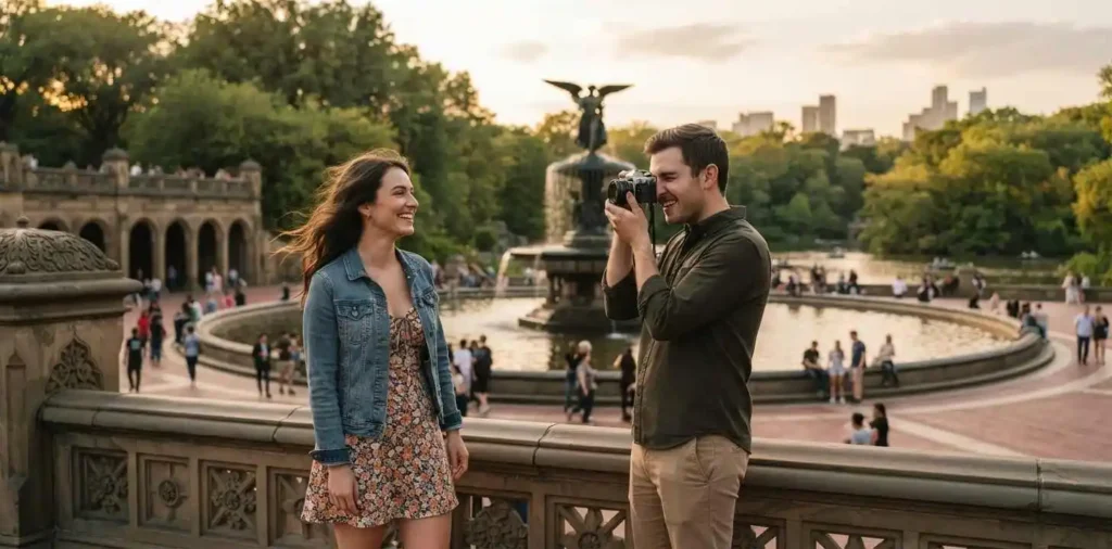 Couple enjoying Bethesda Fountain in Central Park