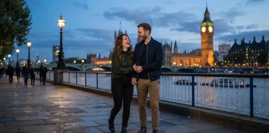 Couple enjoying a London landmark view