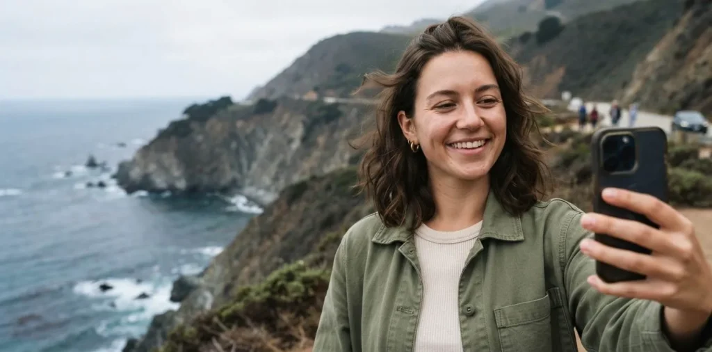 Traveler taking a selfie beside Big Sur cliffs