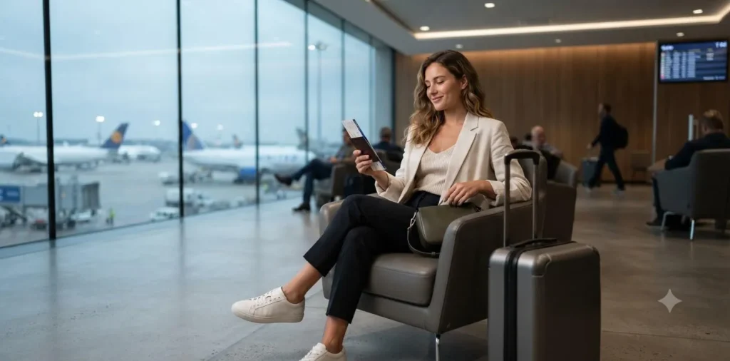 Traveler waiting at the airport boarding gate