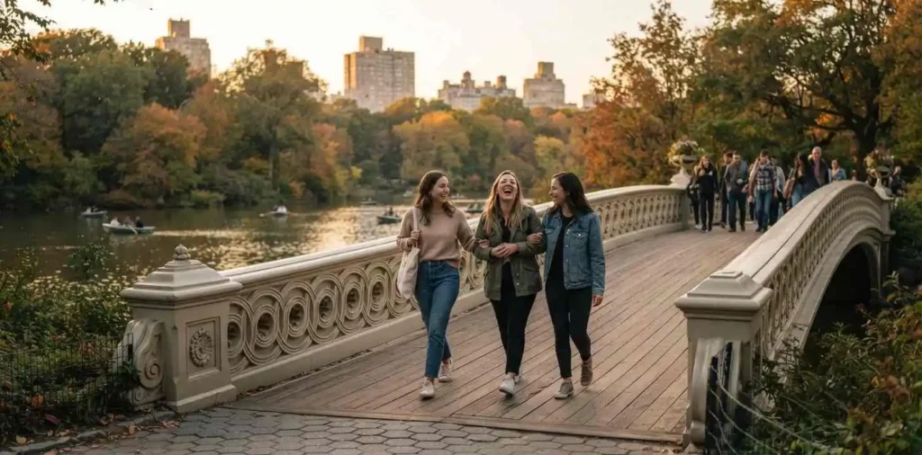 Friends walking across Bow Bridge