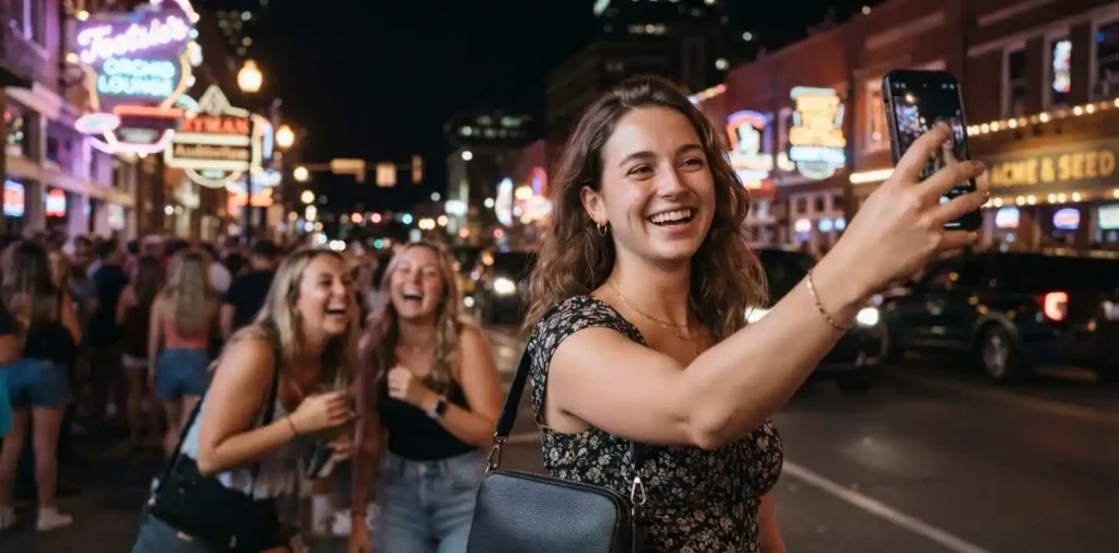 Woman taking selfie on Nashville Broadway