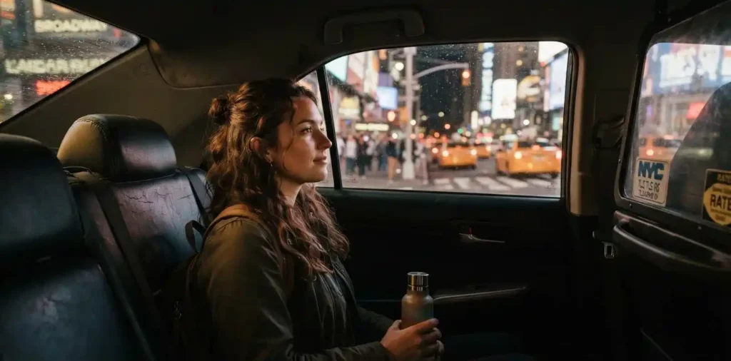 Traveler relaxing inside a yellow city cab