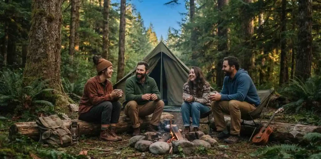 Friends camping in a peaceful forest