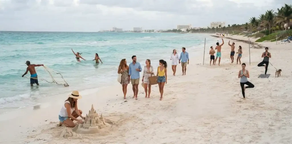 Friends relaxing beside Cancún turquoise beach