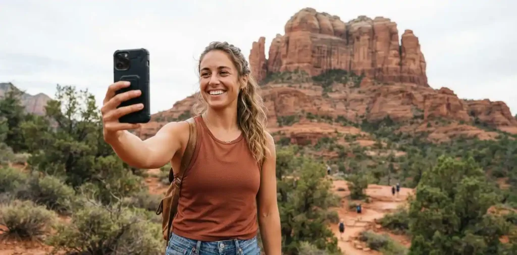 Traveler taking selfie near Cathedral Rock