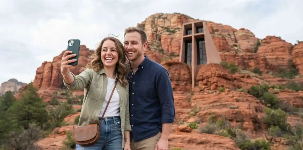 Traveler taking selfie near Sedona chapel