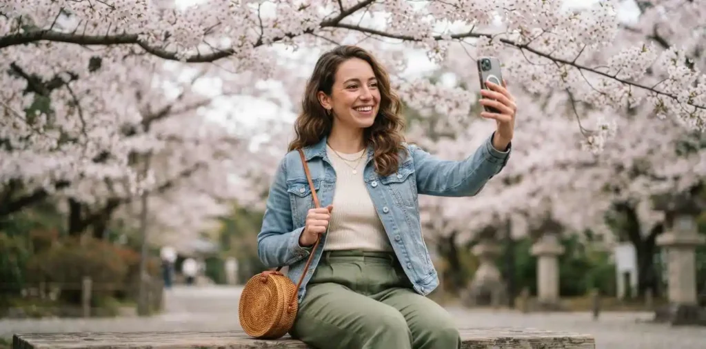 Woman taking selfie beneath cherry blossom trees